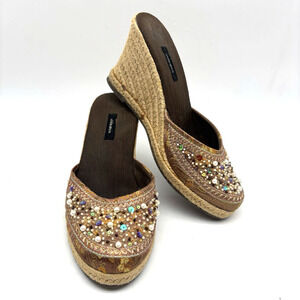 Vintage 90s Y2K Xhilaration Brown Satin Beaded Sequin Espadrille Wedge Heels 6